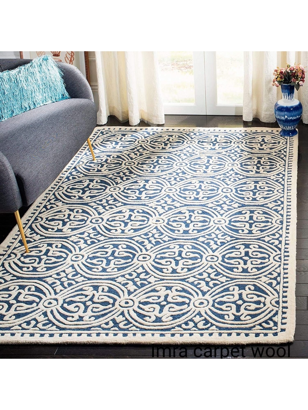 

IMRA CARPET Navy Blue & White Ethnic Motifs Rectangle Anti-Skid Woollen Shaggy Carpet