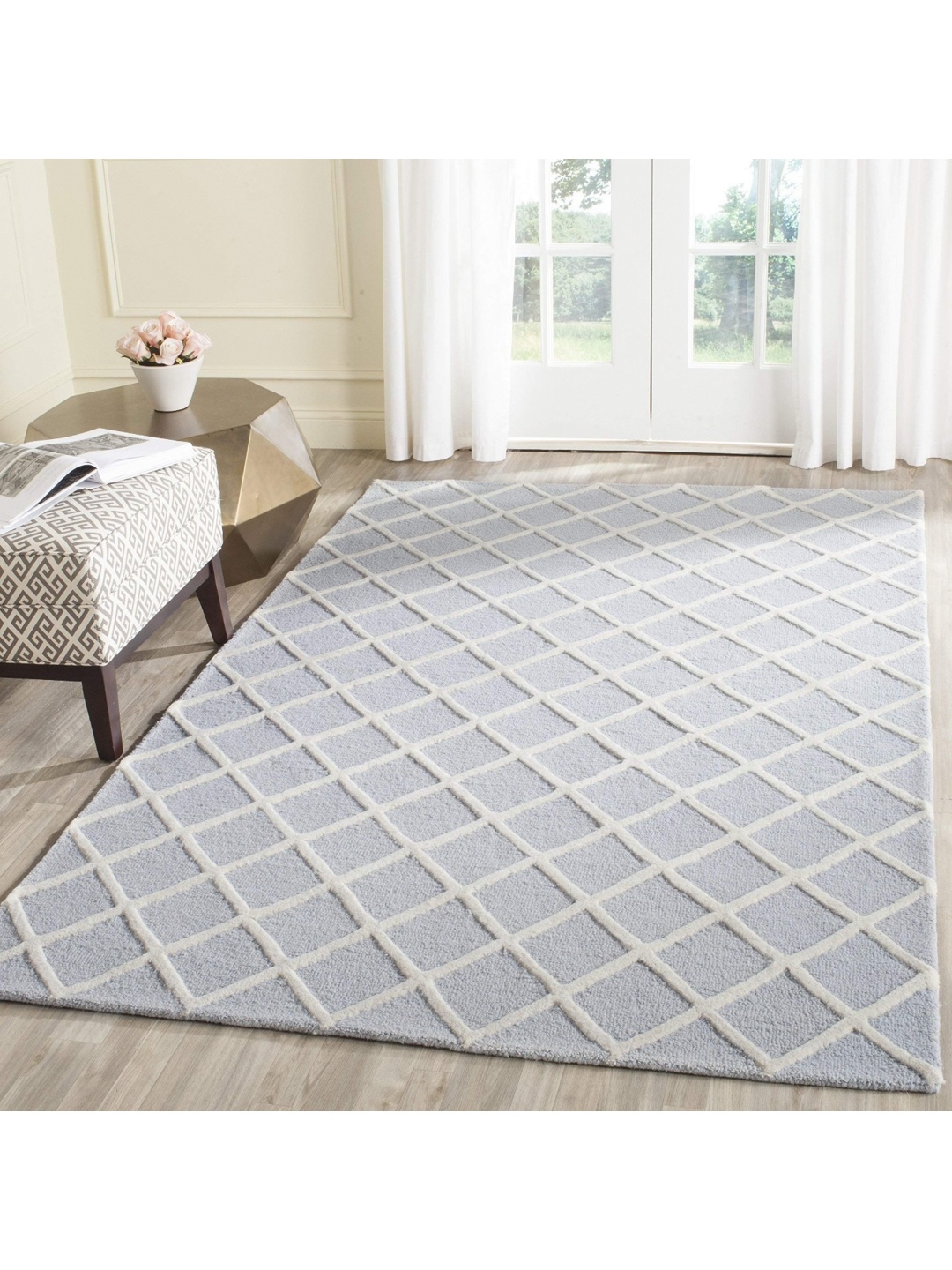 

IMRA CARPET Blue & White Geometric Rectangle Anti-Skid Shaggy Woollen Carpet