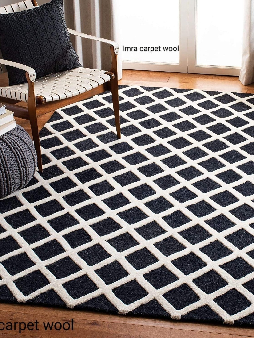 

IMRA CARPET Black Geometric Anti-Skid Woollen Carpet