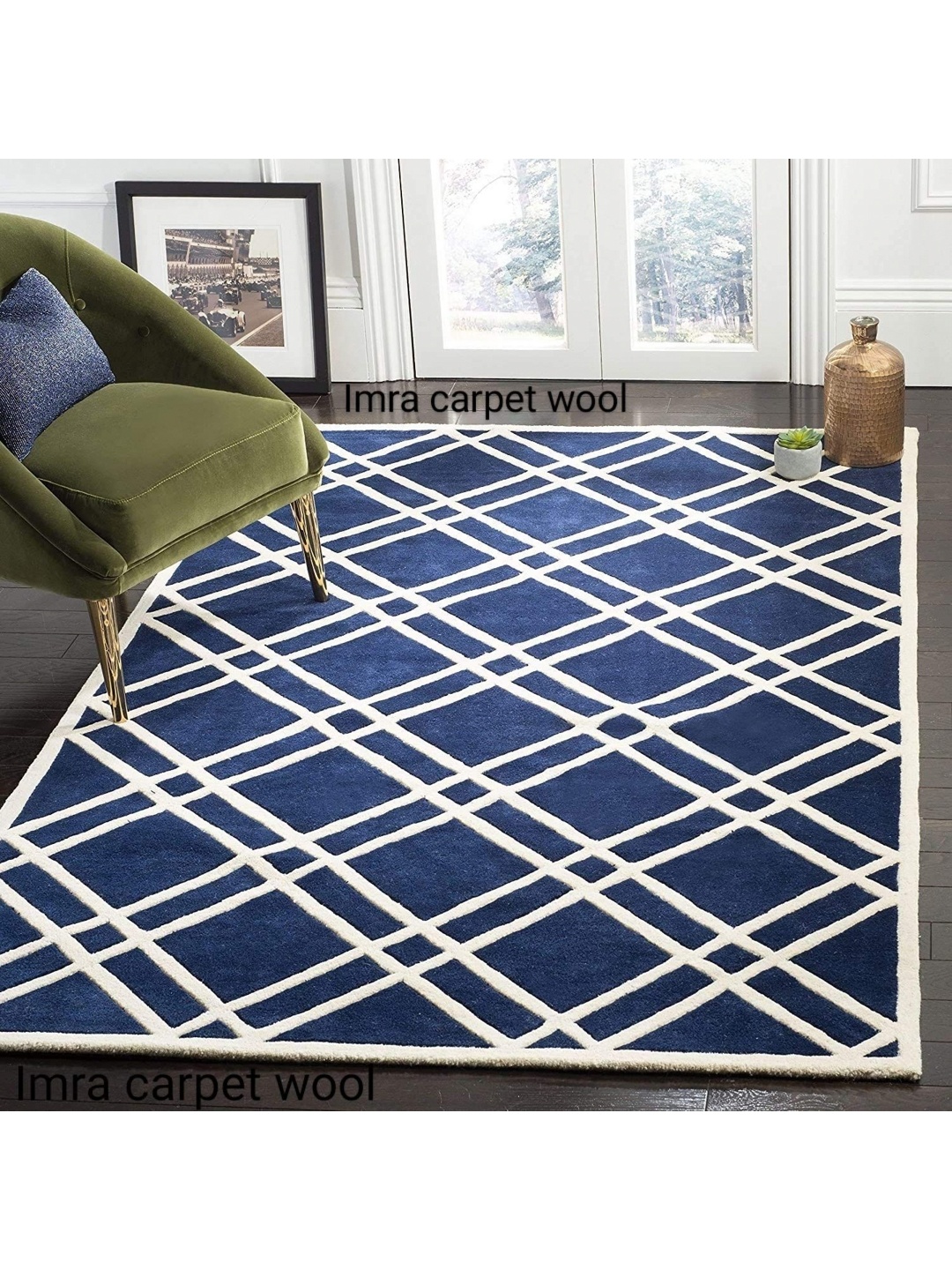 

IMRA CARPET Blue & White Geometric Rectangle Anti-Skid Shaggy Woollen Carpet