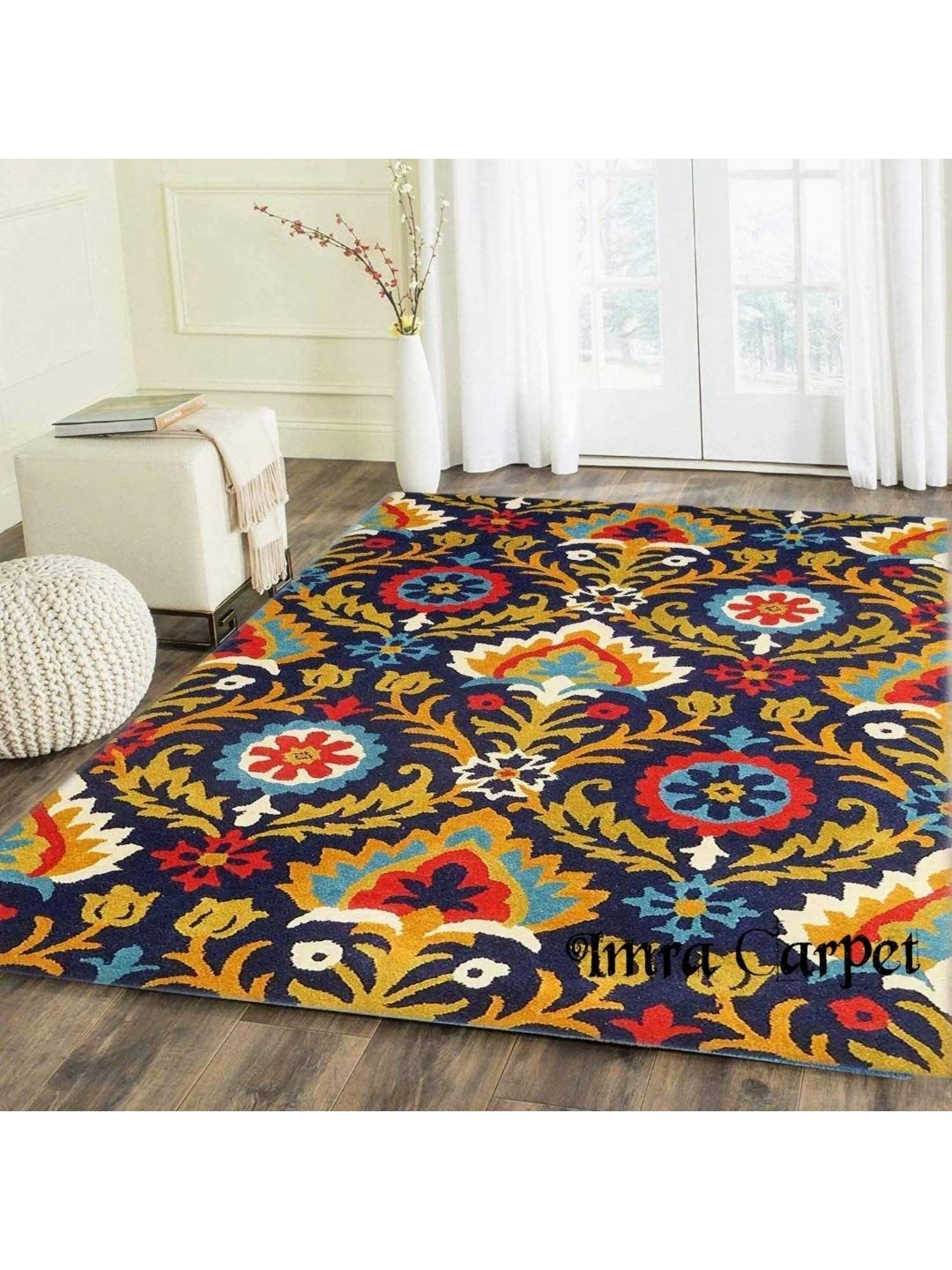 

IMRA CARPET Navy Blue Ethnic Motifs Anti-Skid Woollen Carpet