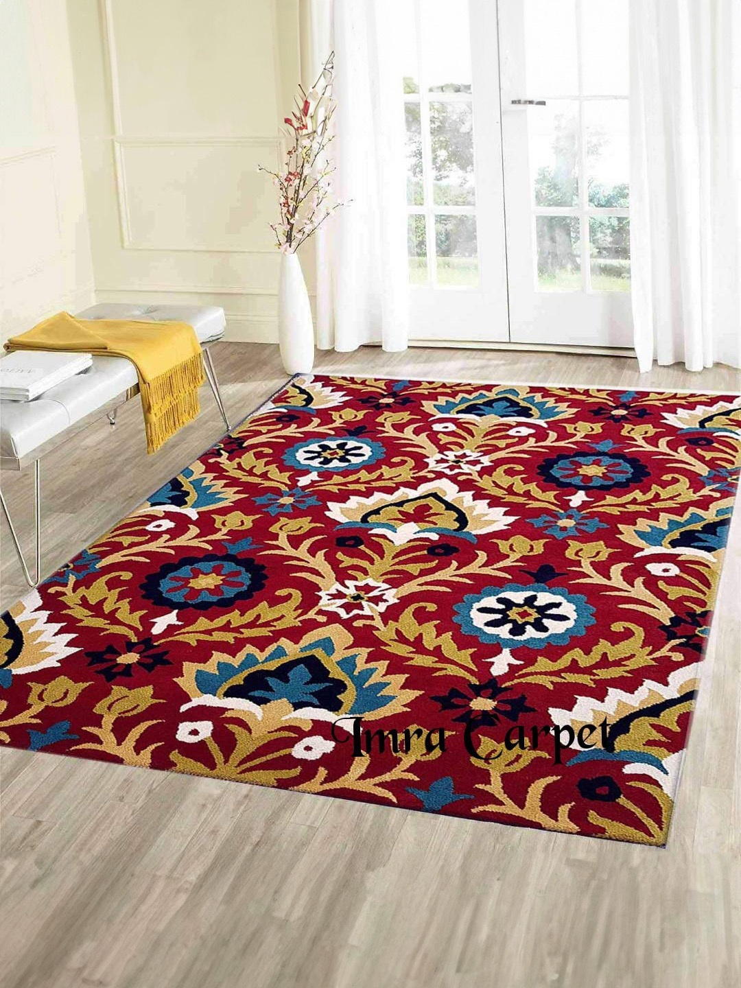 

IMRA CARPET Maroon & Blue Floral Anti-Skid Woollen Carpet