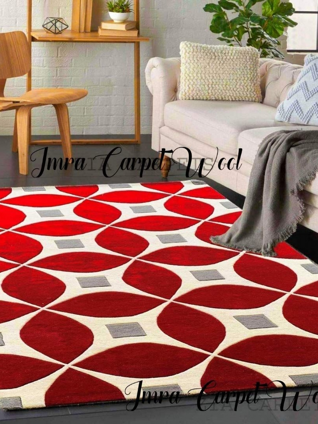 

IMRA CARPET Red & White Floral Rectangle Anti-Skid Shaggy Woollen Carpet