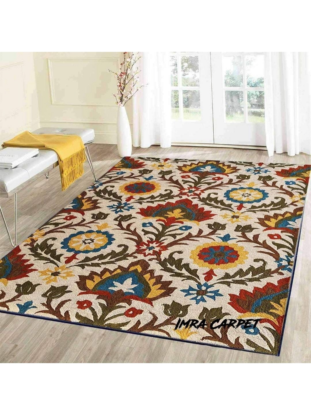 

IMRA CARPET Beige Ethnic Motifs Anti-Skid Shaggy Woollen Carpet