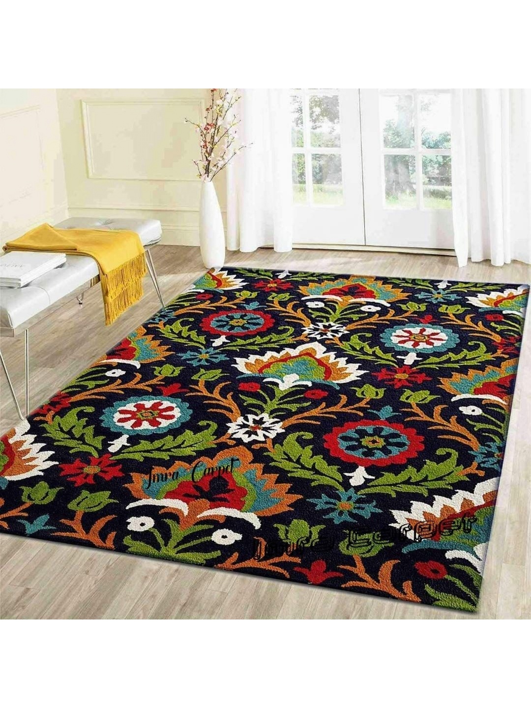

IMRA CARPET Blue Ethnic Motifs Anti-Skid Woollen Carpet