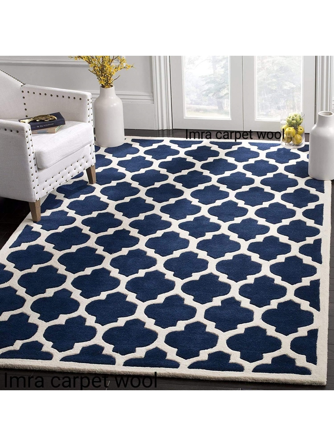 

IMRA CARPET Blue & White Ethnic Motifs Rectangle Woollen Shaggy Carpet