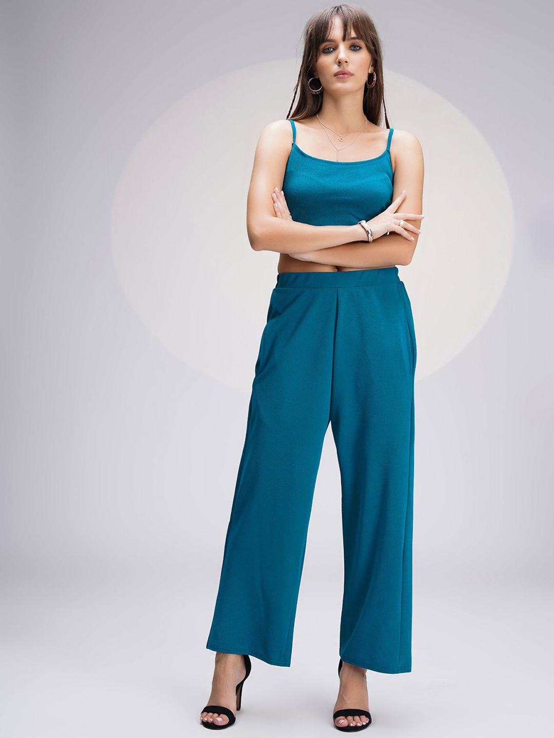 

WESTHOOD Lapel Collar Sleeveless Pastels Top,Trousers & Jacket, Teal