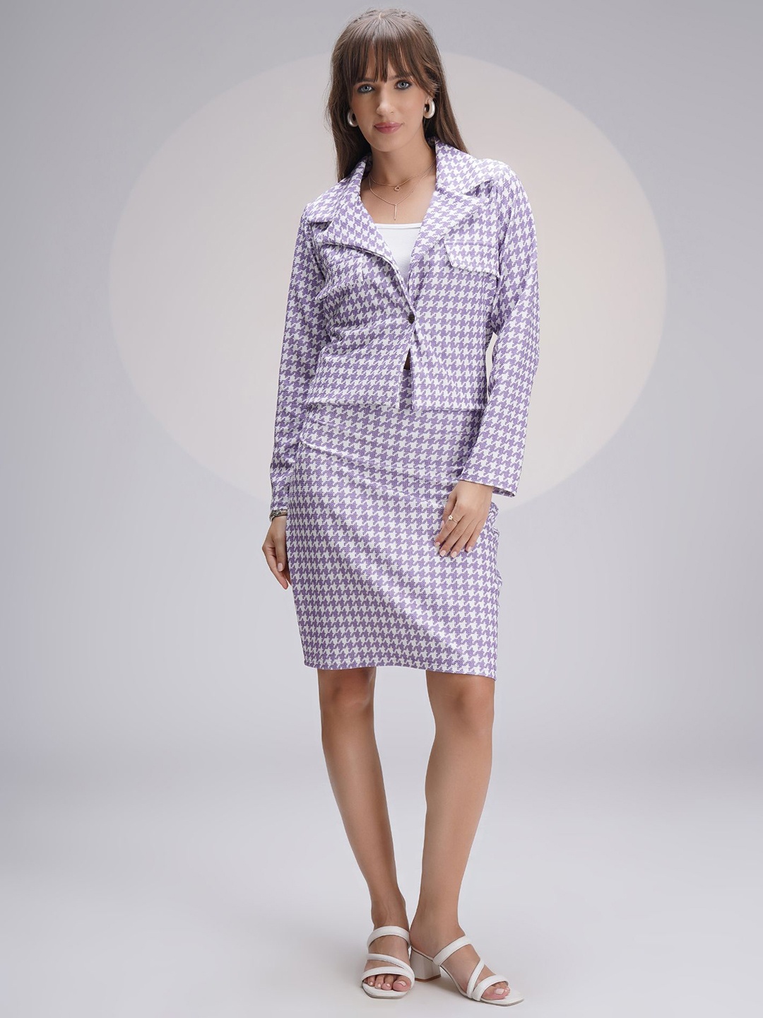 

WESTHOOD Lavender Checked Shoulder Straps Top With Skirt & Jacket