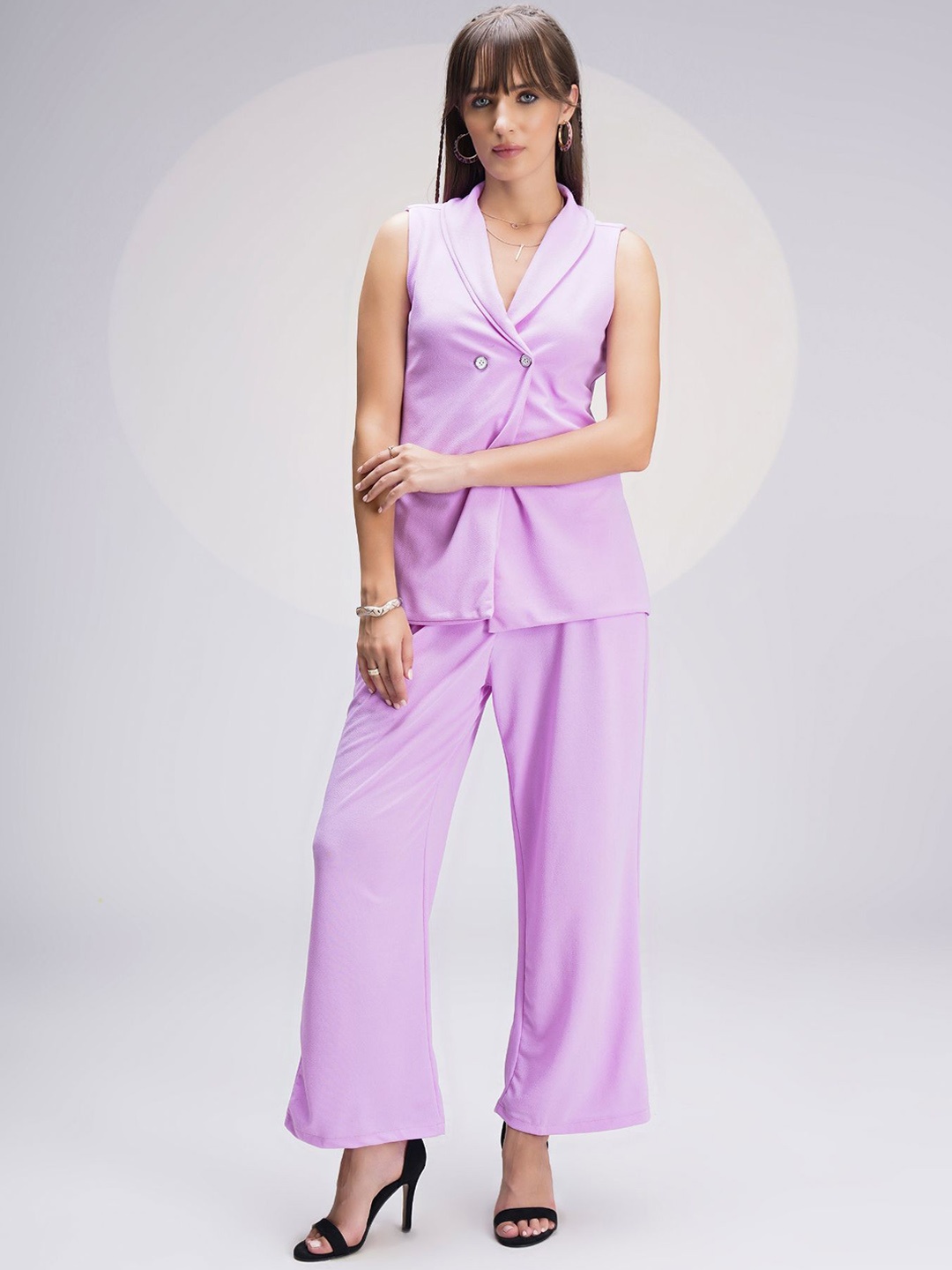 

WESTHOOD Textured Self Design Shawl Neck Top With Trousers, Lavender