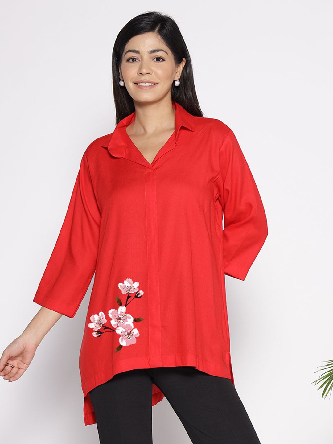 

LetsDressUp Cherry Red Floral Printed Longline Shirt Collar High Low Top