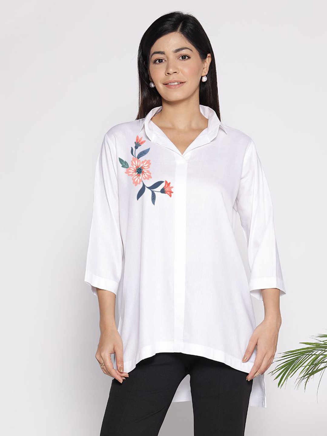 

LetsDressUp Floral Printed Shirt Collar High Low Top, White