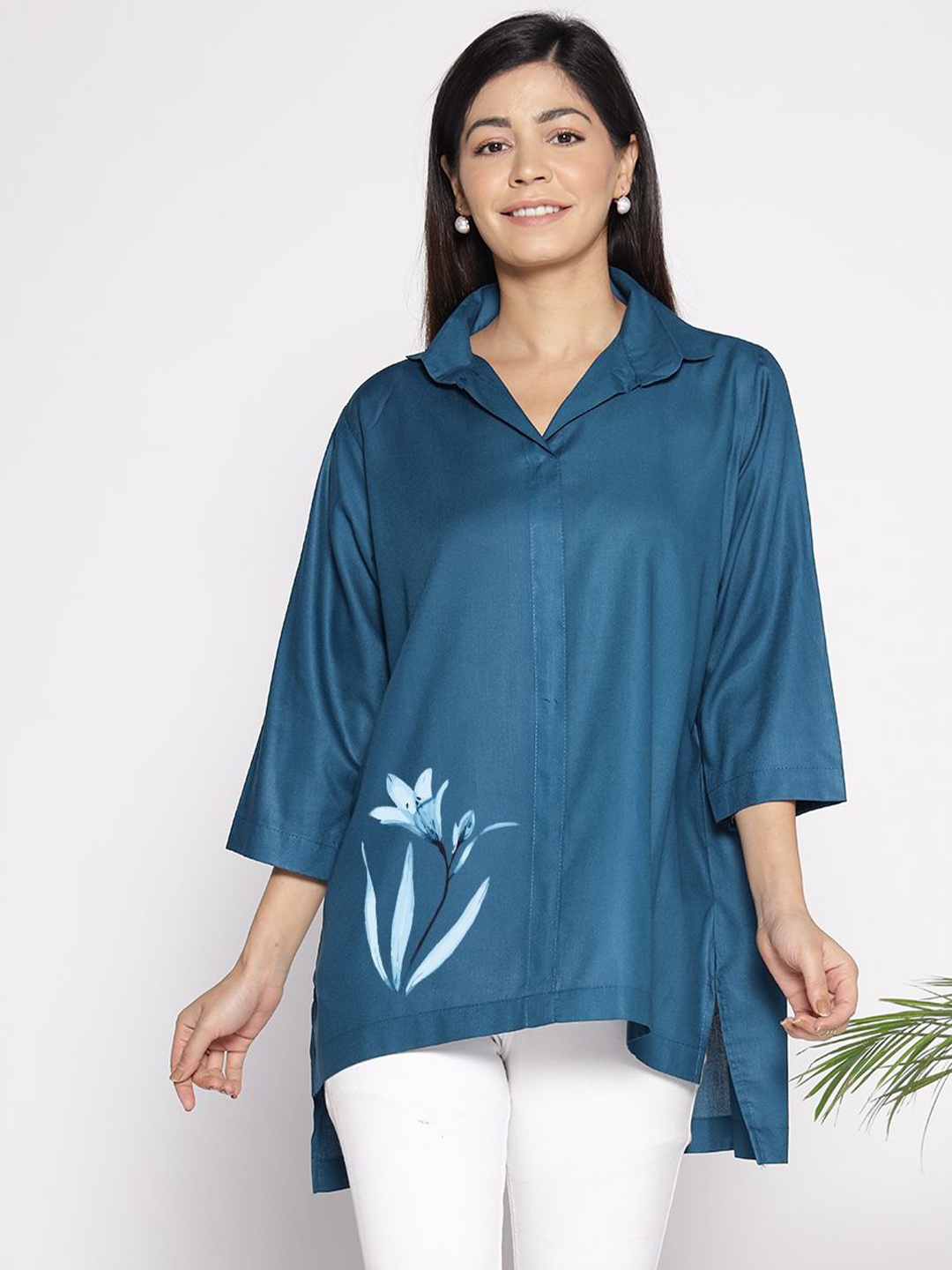 

LetsDressUp Floral Printed Shirt Collar High Low Top, Teal