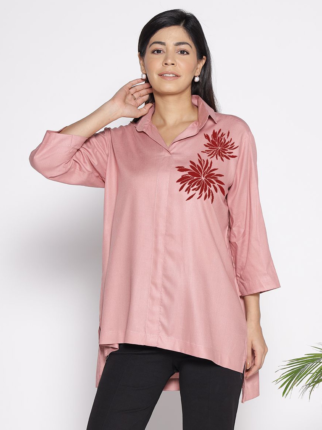 

LetsDressUp Floral Printed Shirt Collar High Low Top, Rose gold