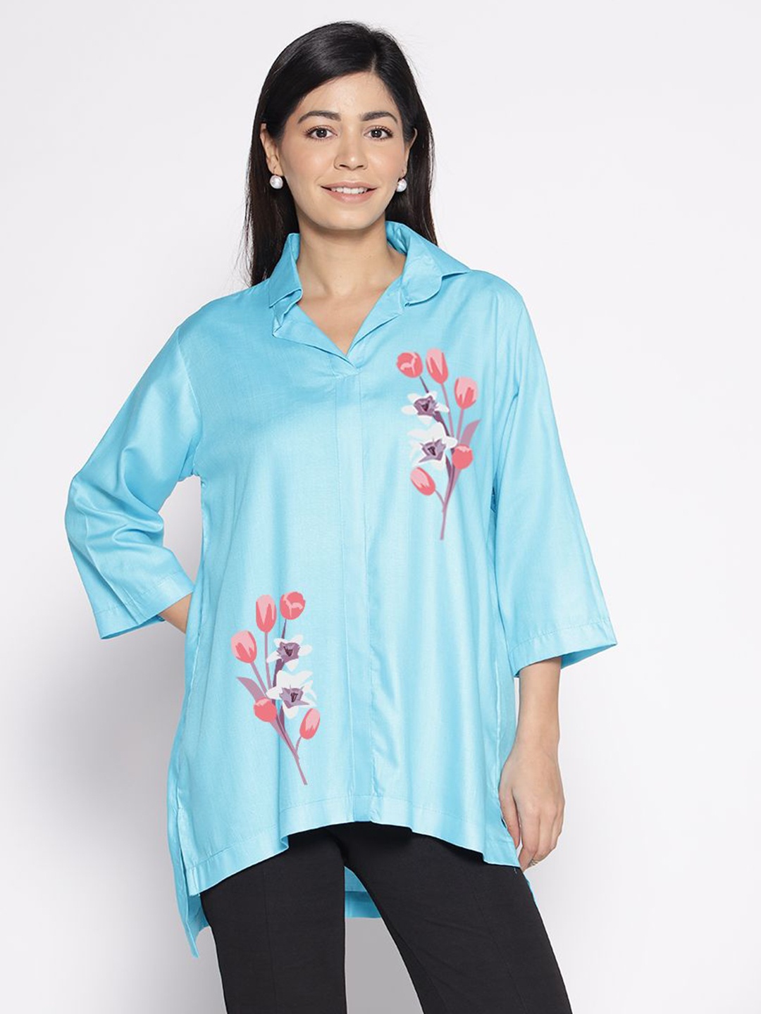 

LetsDressUp Floral Printed Shirt Collar High Low Top, Turquoise blue