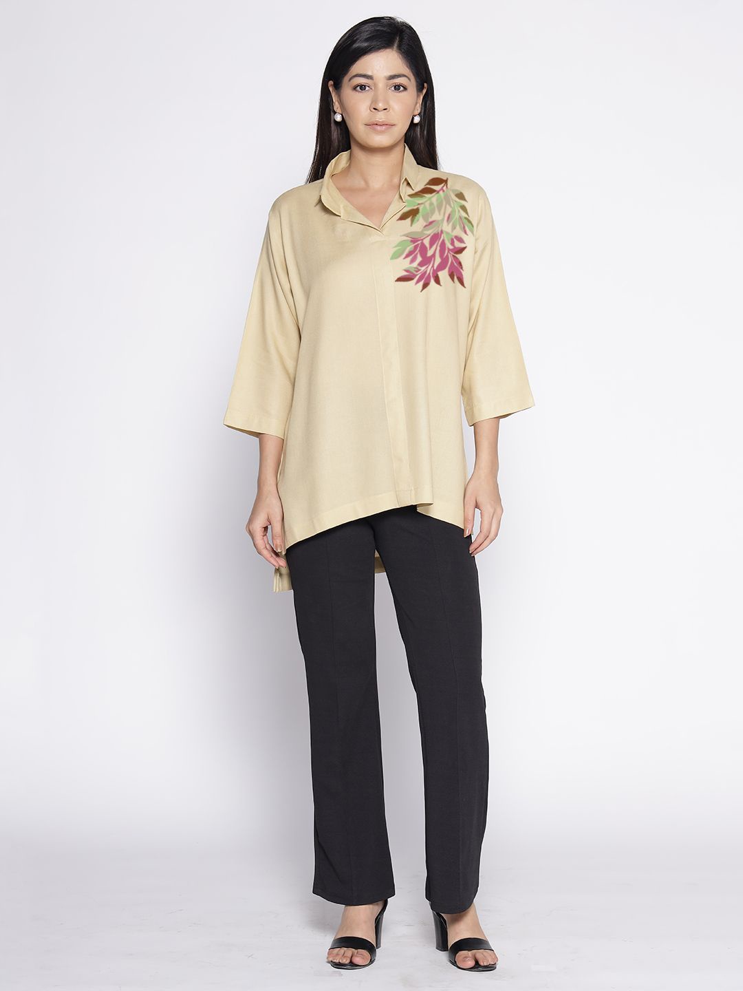 

LetsDressUp Floral Printed Shirt Collar High Low Top, Beige