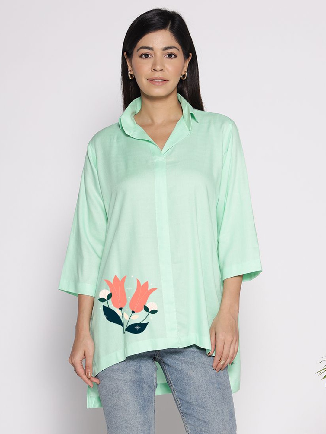 

LetsDressUp Floral Printed Shirt Collar High Low Top, Green