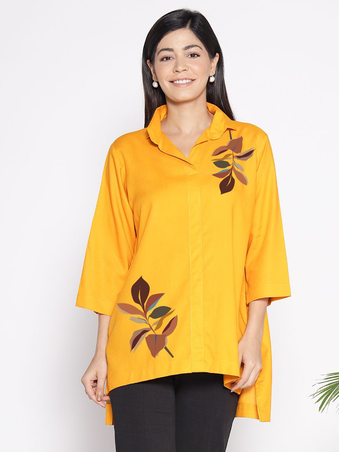 

LetsDressUp Floral Print Extended Sleeves Boxy Top, Mustard