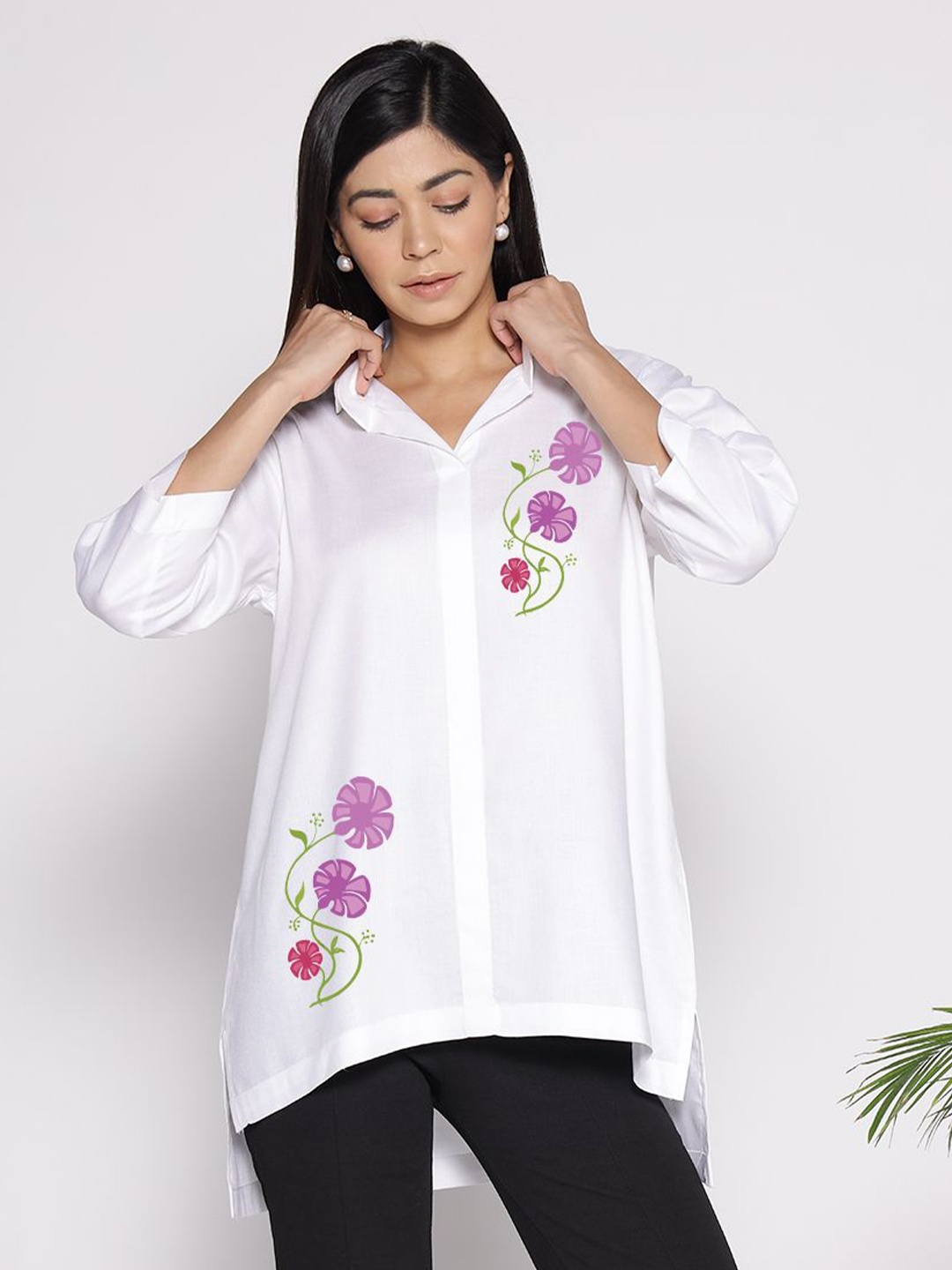 

LetsDressUp Floral Printed Shirt Collar High Low Top, White