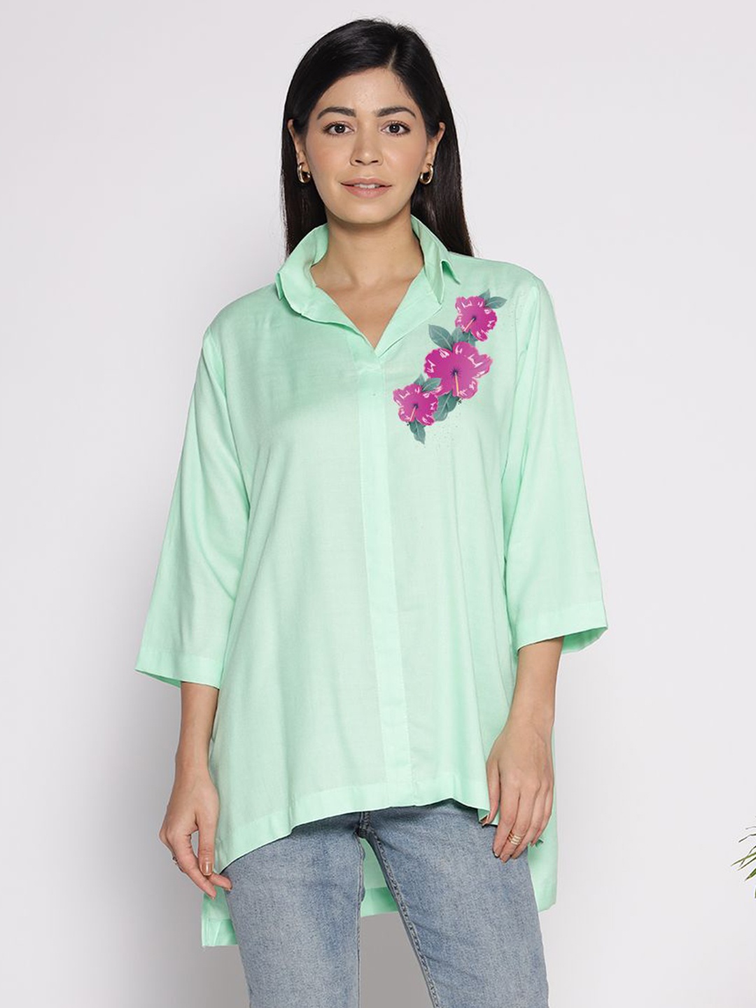 

LetsDressUp Floral Printed Shirt Collar High Low Top, Green