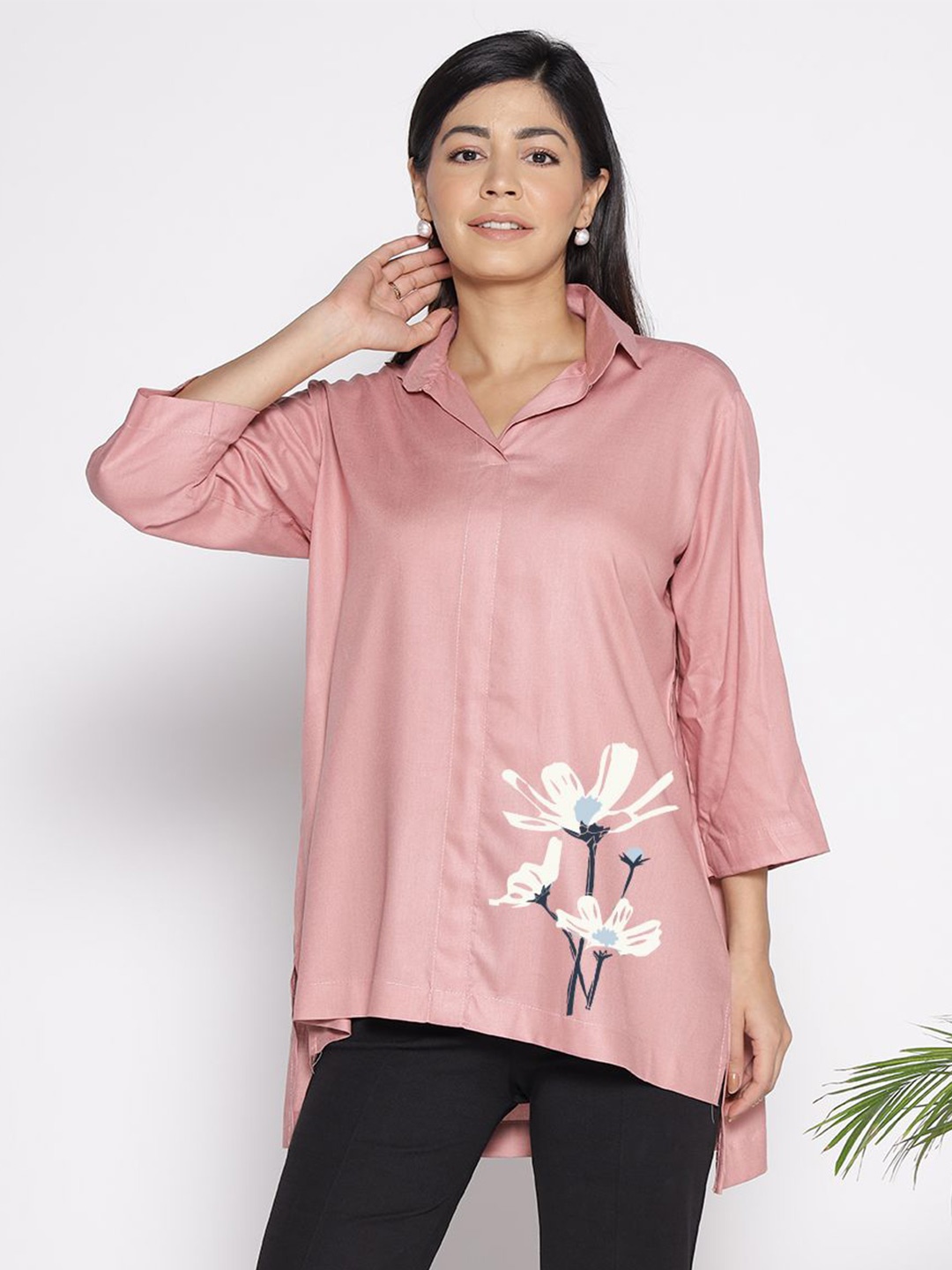 

LetsDressUp Floral Printed Shirt Collar High Low Top, Rose gold