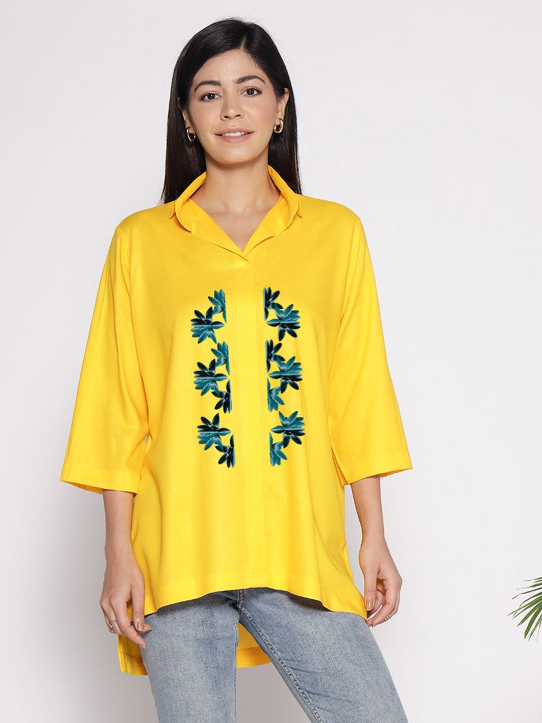 

LetsDressUp Floral Printed Shirt Collar High Low Top, Yellow