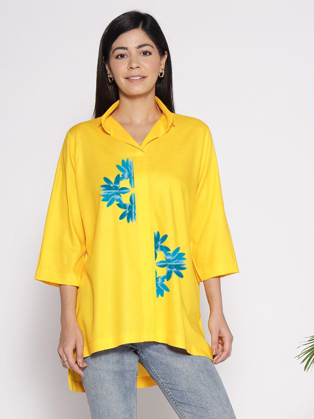 

LetsDressUp Floral Printed Shirt Collar High Low Top, Yellow