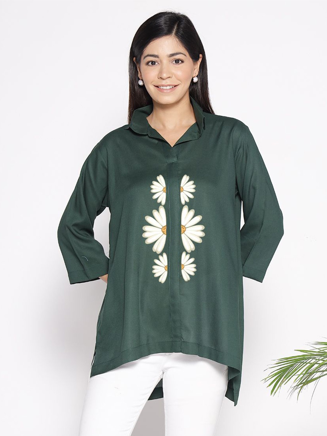 

LetsDressUp Floral Printed Shirt Collar High Low Top, Green