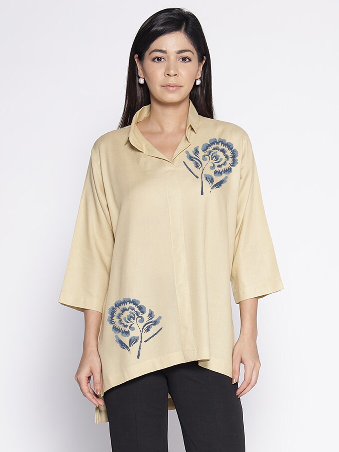 

LetsDressUp Floral Printed Shirt Collar High Low Top, Beige