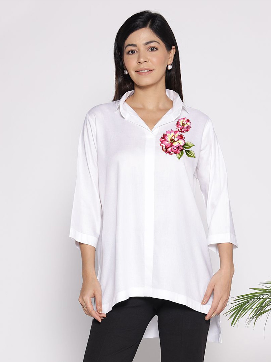 

LetsDressUp Floral Printed Shirt Collar High Low Top, White
