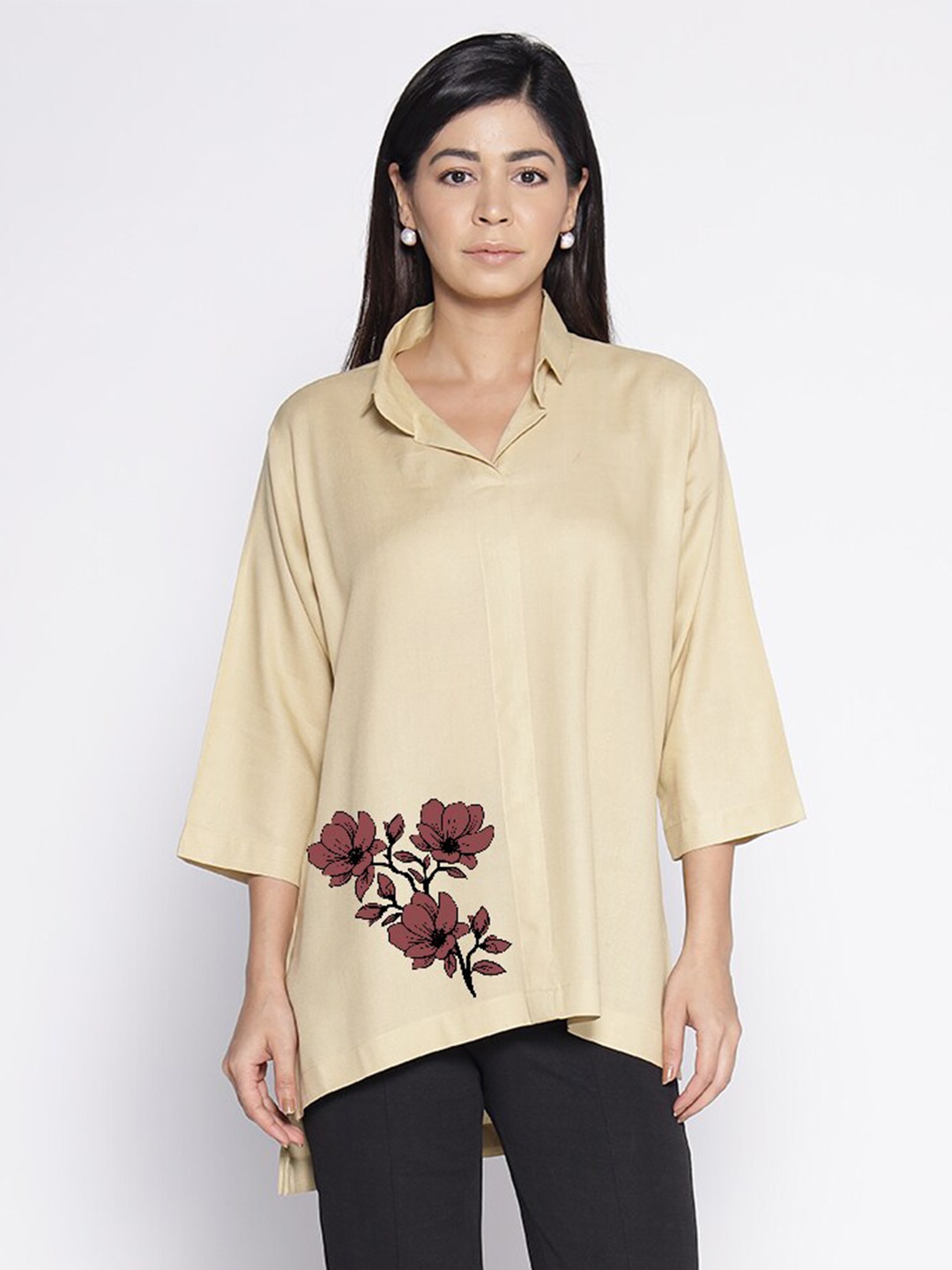 

LetsDressUp Floral Printed Shirt Collar High Low Top, Beige