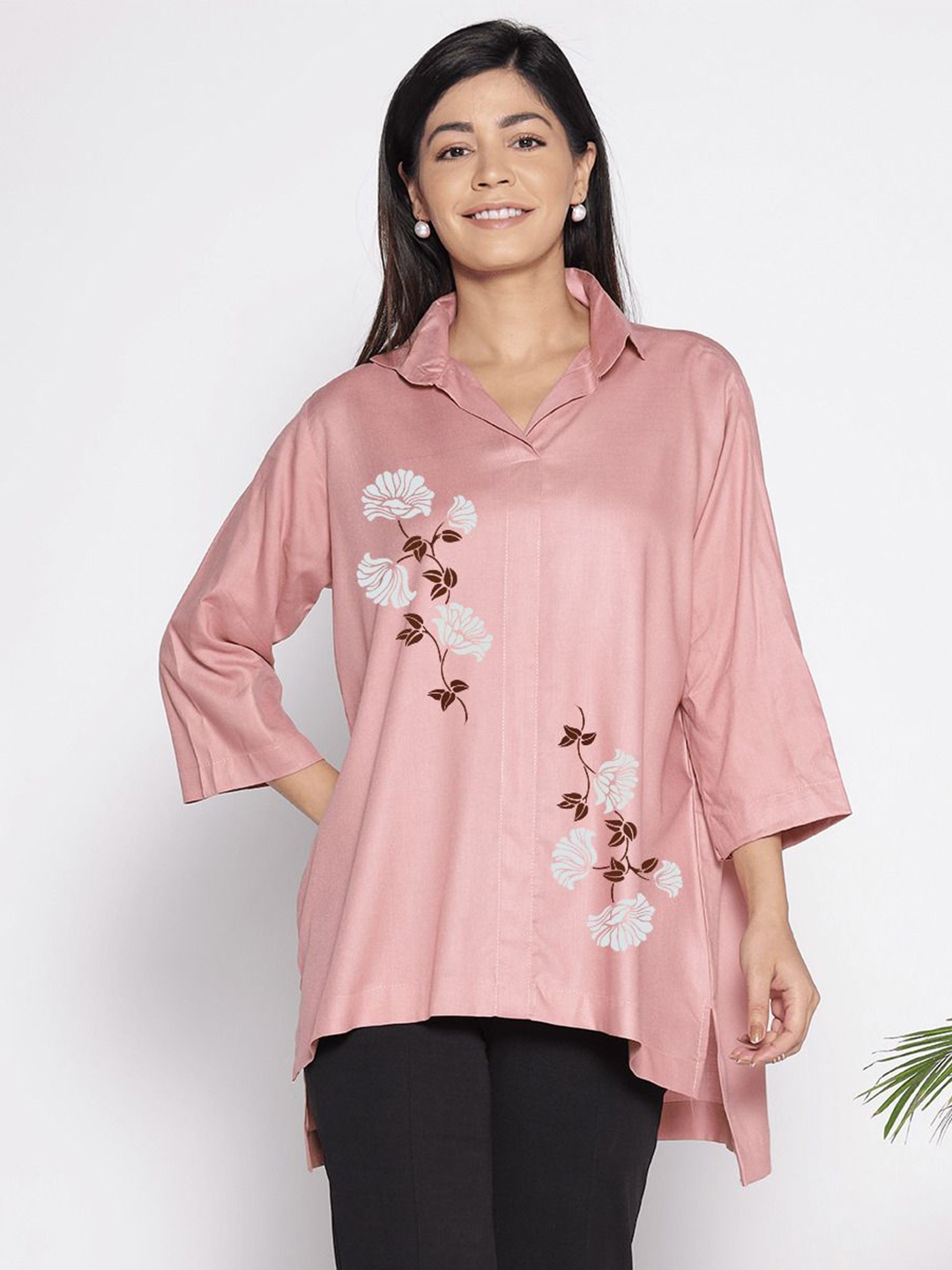 

LetsDressUp Floral Printed Shirt Collar High Low Top, Rose gold