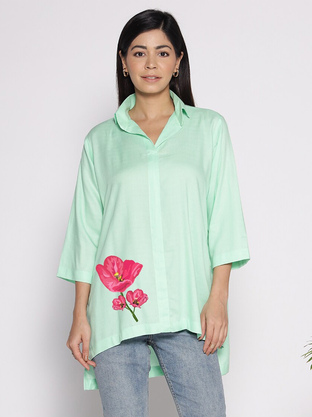 

LetsDressUp Floral Printed Shirt Collar High Low Top, Green