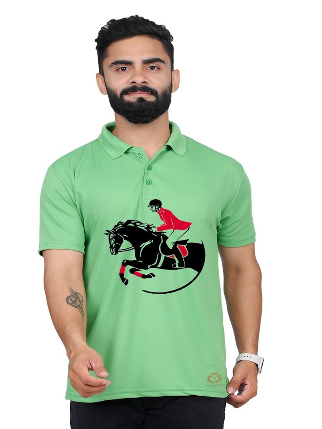 

TAJNAN Men Graphic Printed Polo Collar T-shirt, Green