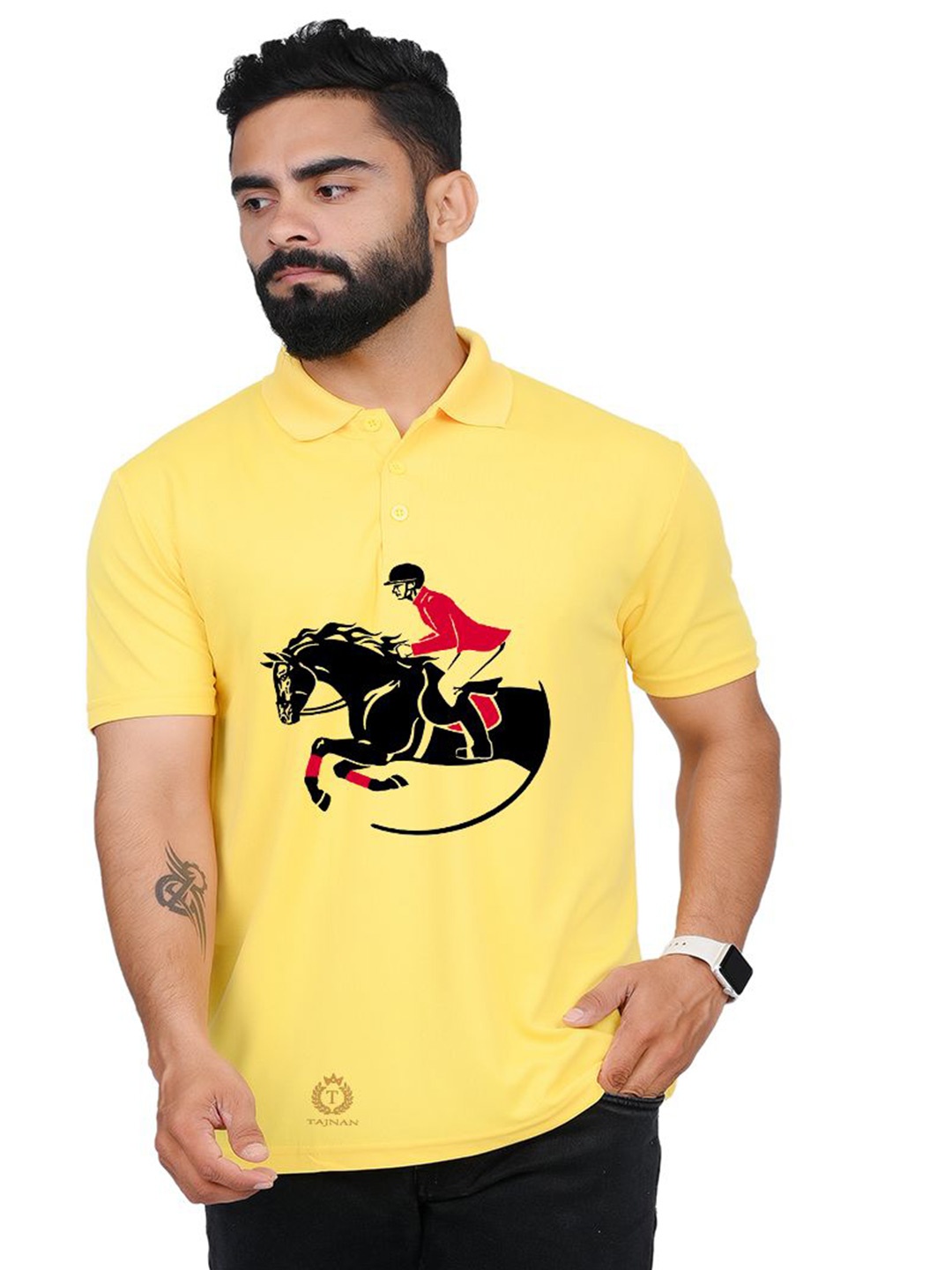 

TAJNAN Men Graphic Printed Polo Collar T-shirt, Yellow