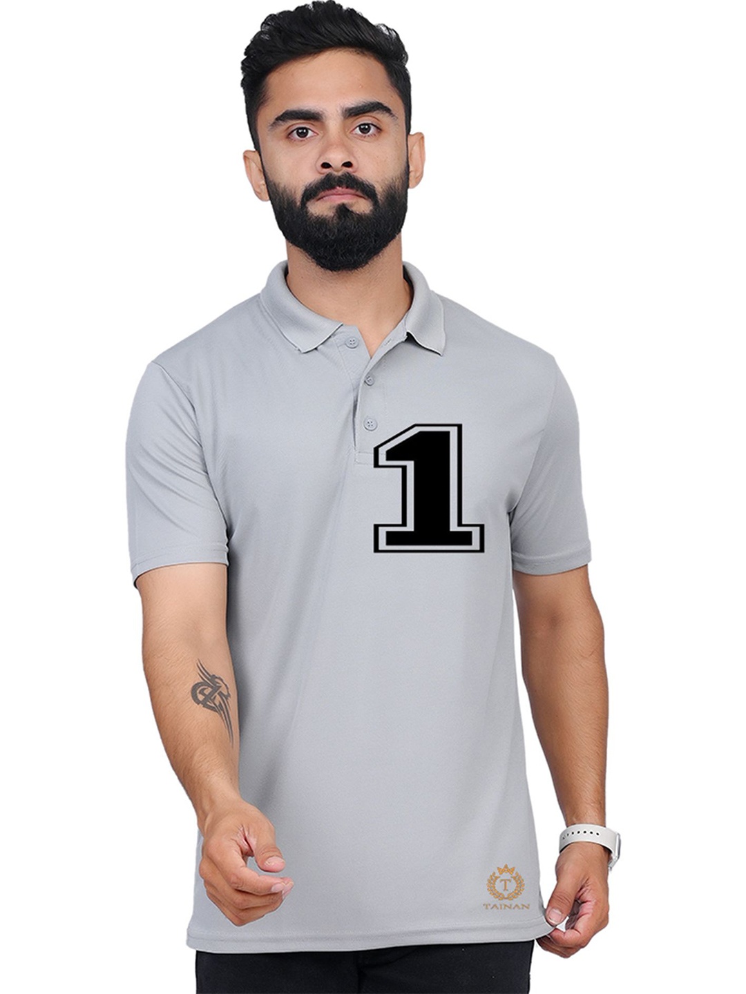 

TAJNAN Men Varsity Polo Collar T-shirt, Grey