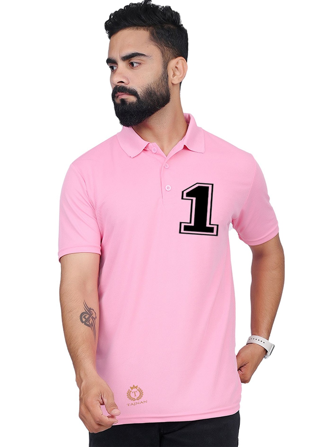 

TAJNAN Men Varsity Polo Collar T-shirt, Pink