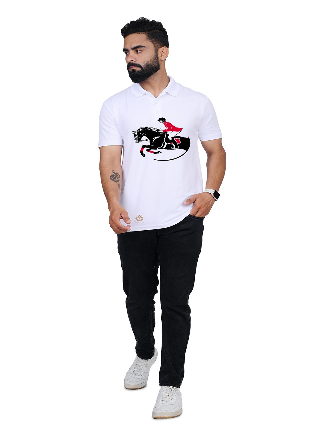 

TAJNAN Men Graphic Printed Polo Collar T-shirt, White