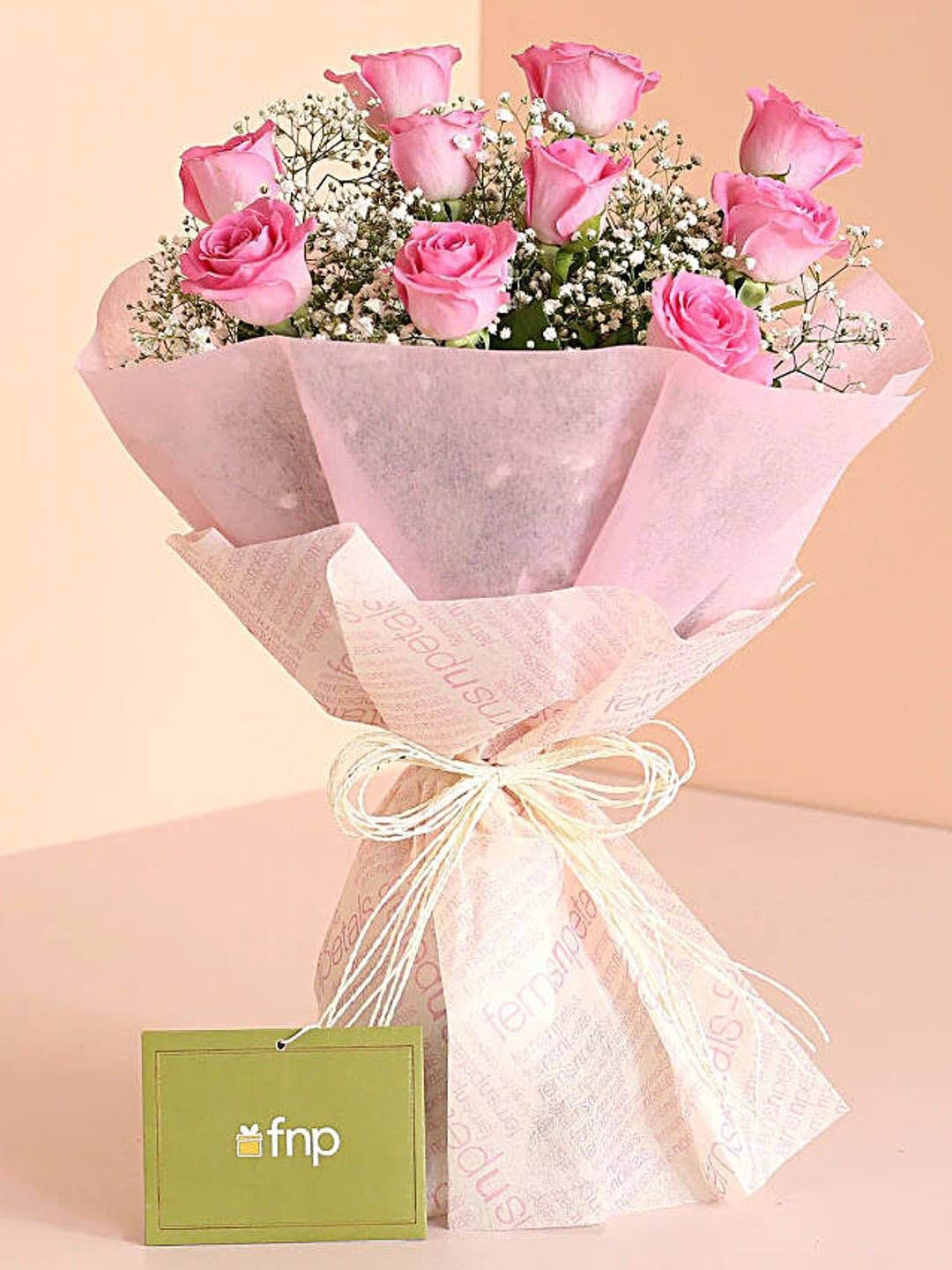 

fnp Pink & Green 10 Pieces Roses Fresh Flowers Bouquet