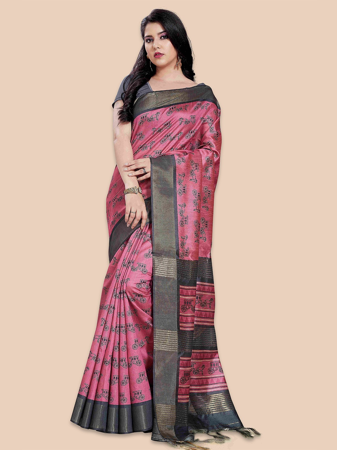 

Rani Saahiba Ethnic Motifs Zari Saree, Pink