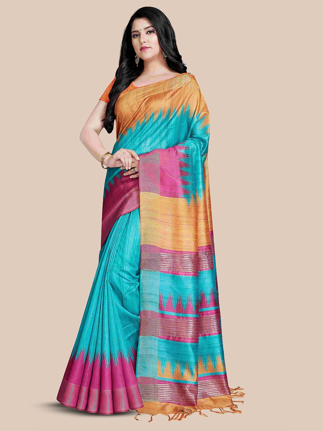 

Rani Saahiba Colourblocked Zari Saree, Turquoise blue