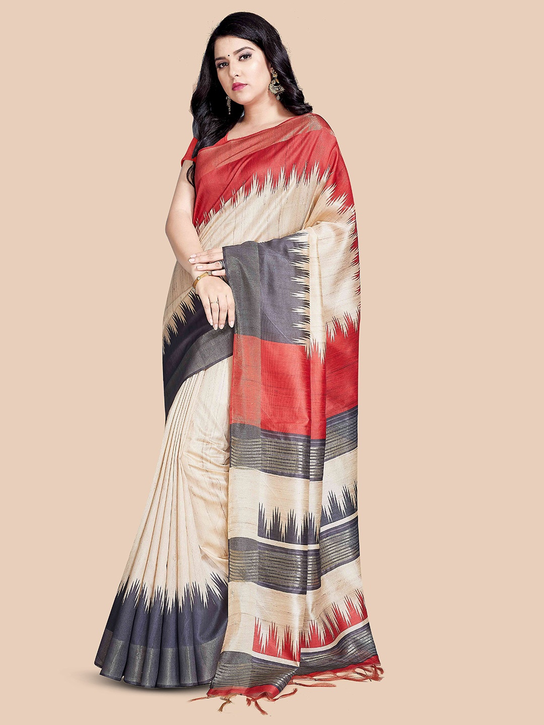 

Rani Saahiba Colourblocked Tussar Zari Saree, Beige