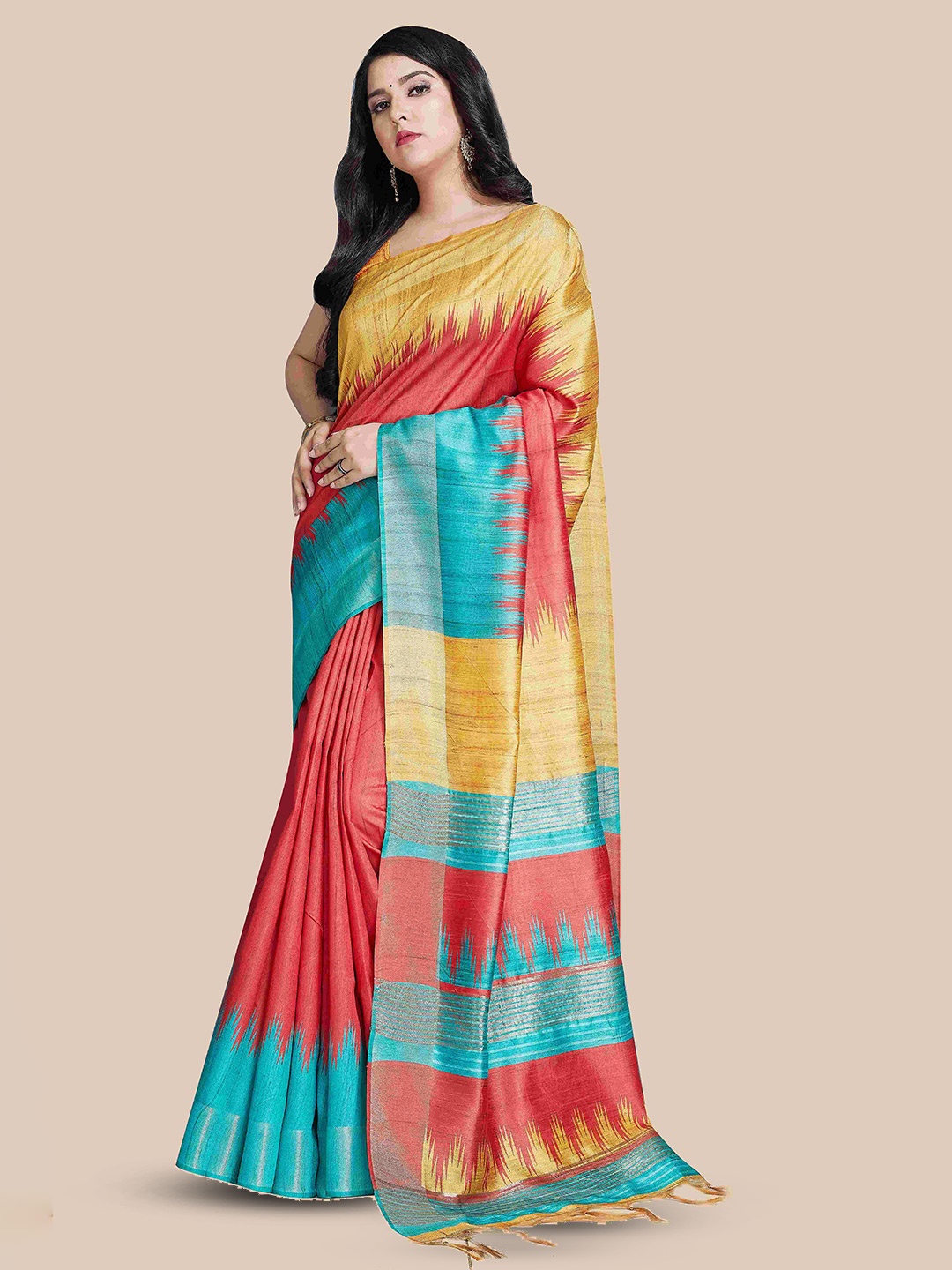 

Rani Saahiba Colourblocked Zari Saree, Red