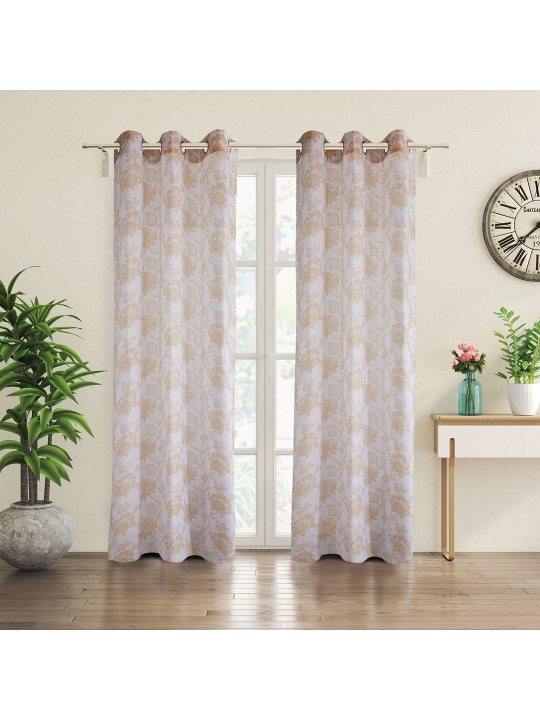 

Home Centre Beige & Orange Set of 2 Floral Sheer Door Curtain