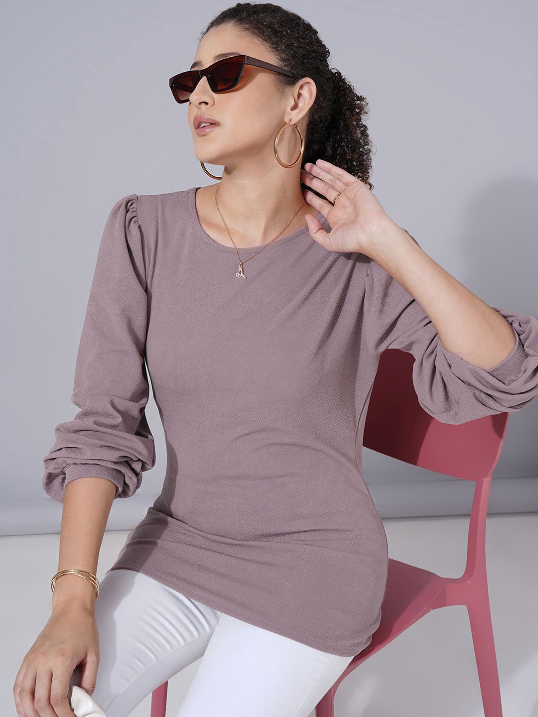 

Selvia Solid Round Neck Top, Mauve