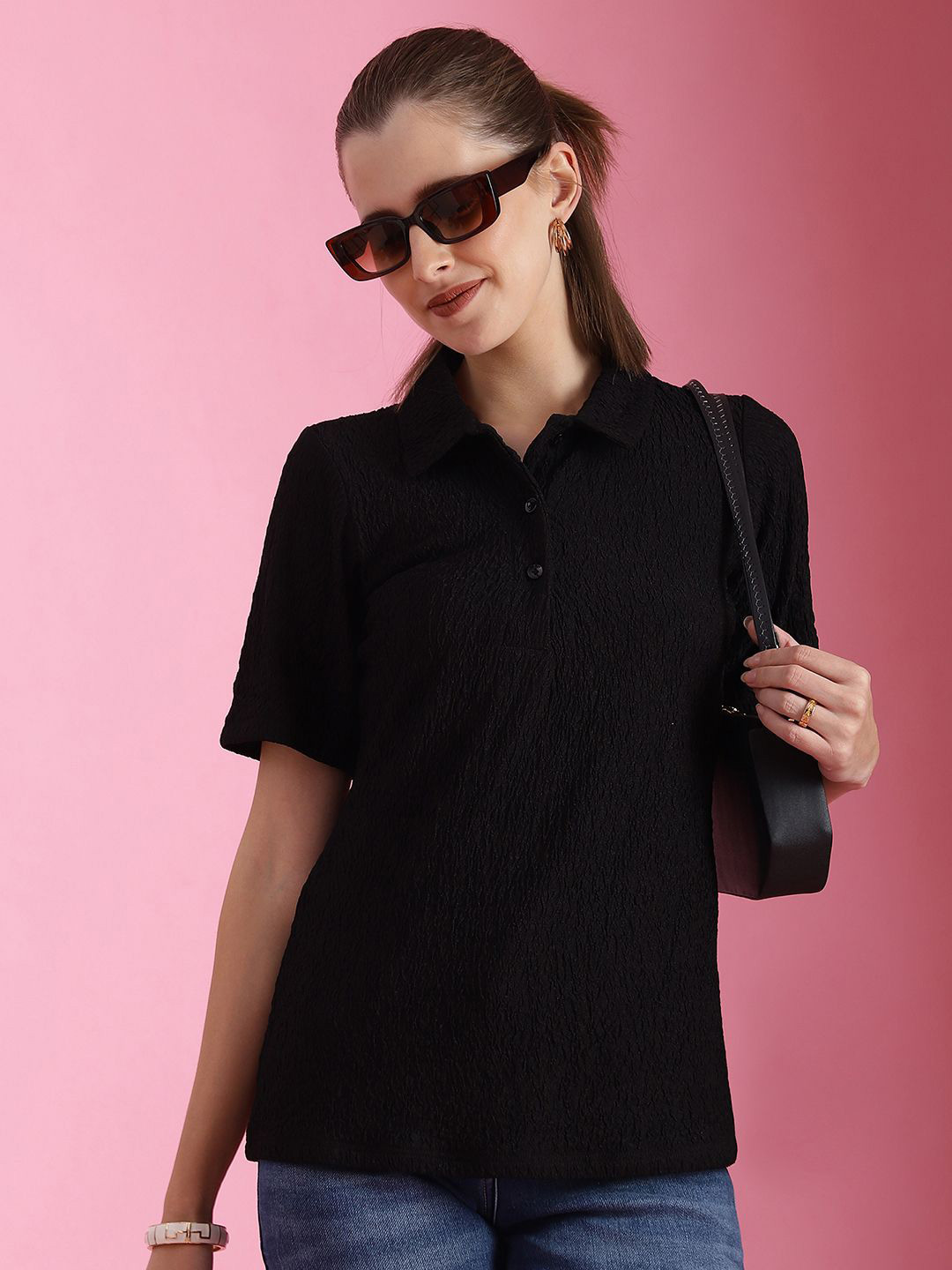 

Selvia Solid Polo Neck Shirt Style Top, Black