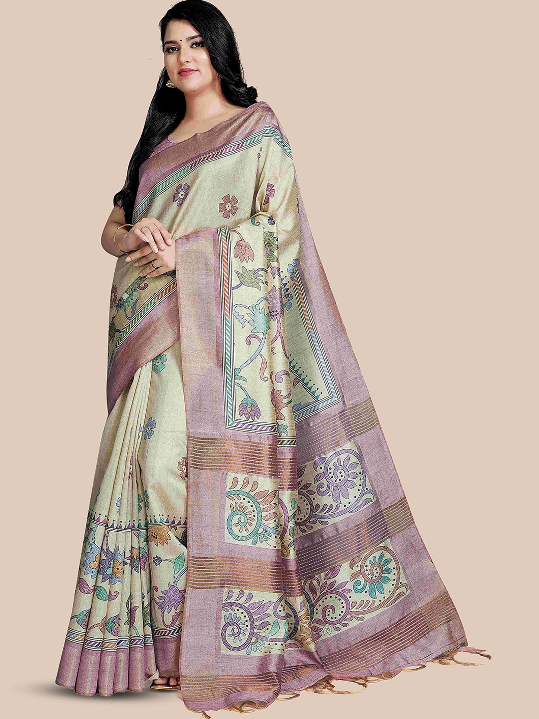 

Rani Saahiba Floral Zari Tussar Saree, Beige