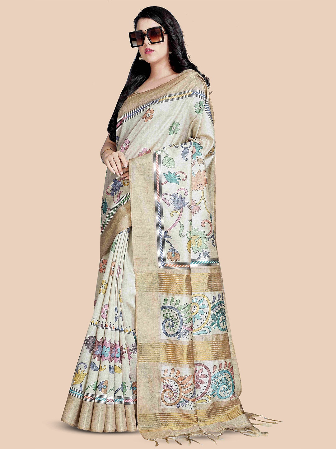 

Rani Saahiba Floral Zari Saree, Beige