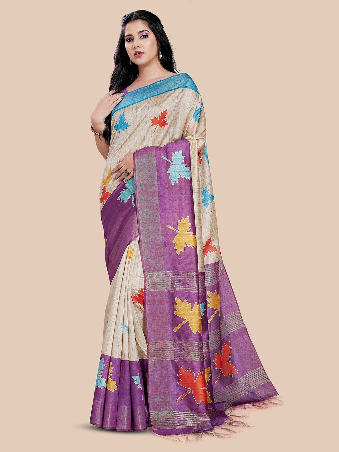 

Rani Saahiba Printed Zari Saree With Blouse Piece, Beige