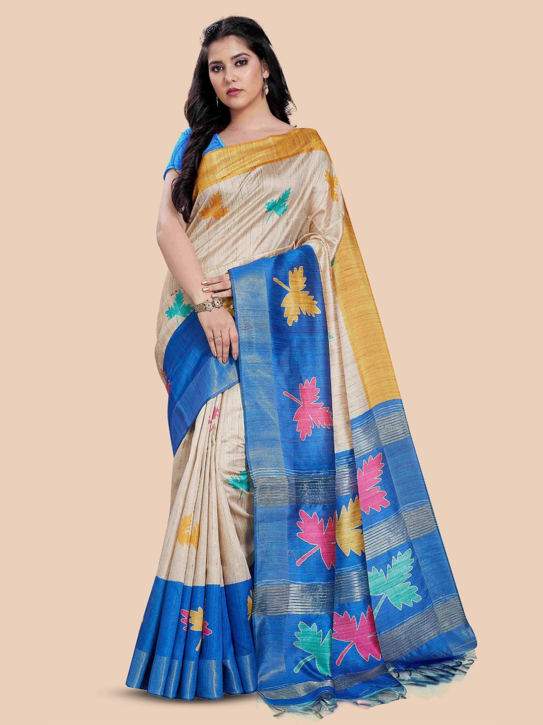 

Rani Saahiba Floral Zari Saree, Beige