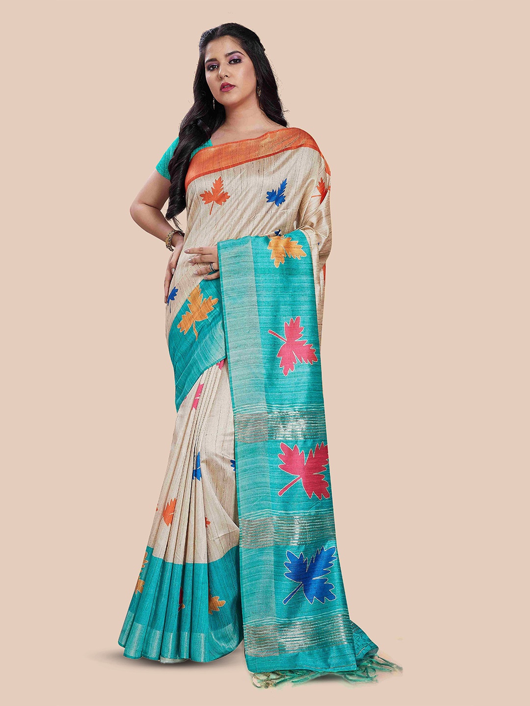

Rani Saahiba Floral Zari Saree, Beige